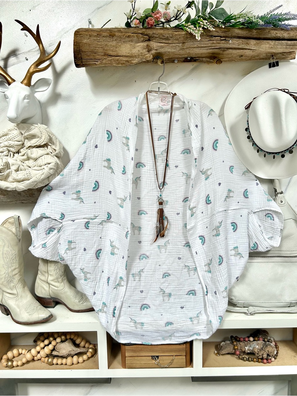 Unicorns/rainbows Gauze boho shrug cocoon Kimono w cottagecore cabin vibe